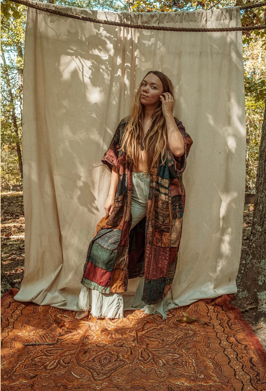 Earthy Hippie Boho Duster Patchwork Kimono, Unisex Smock