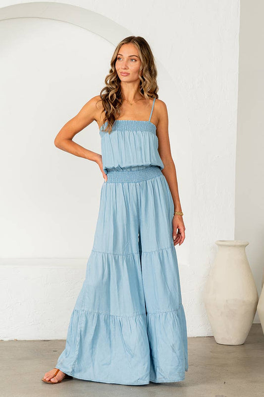 Relaxed Fit denim Smocked Tiered Wide Leg Jumpsuit