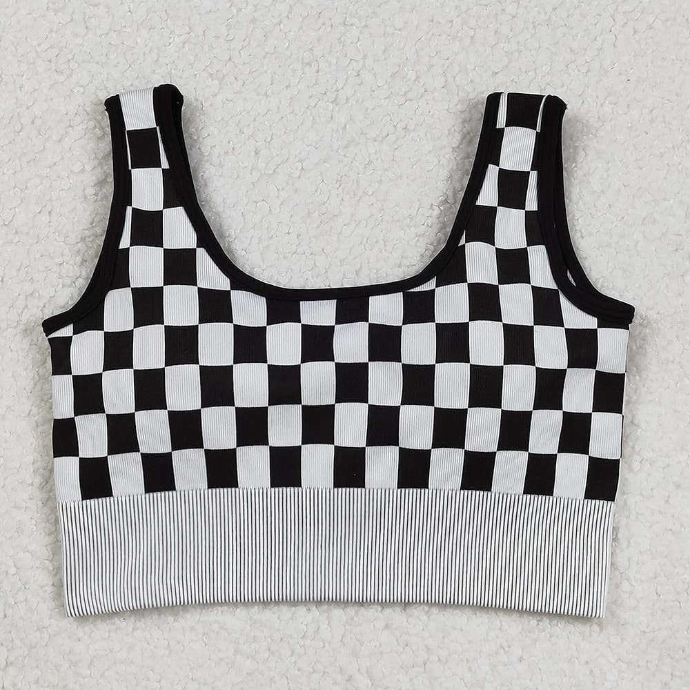Adult Women Black Checkered Knitted Crop Bra Tops