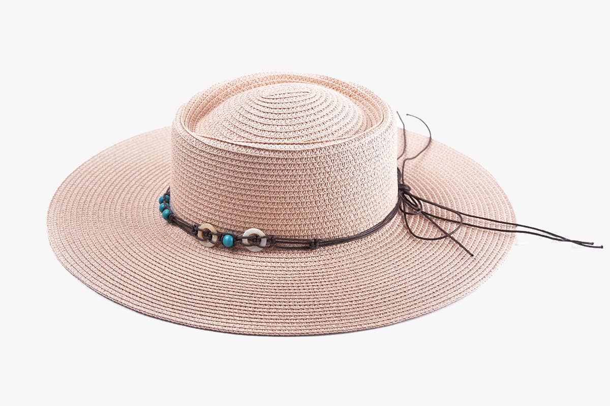 Wide Brim Boater Hat w/ Beaded Trim