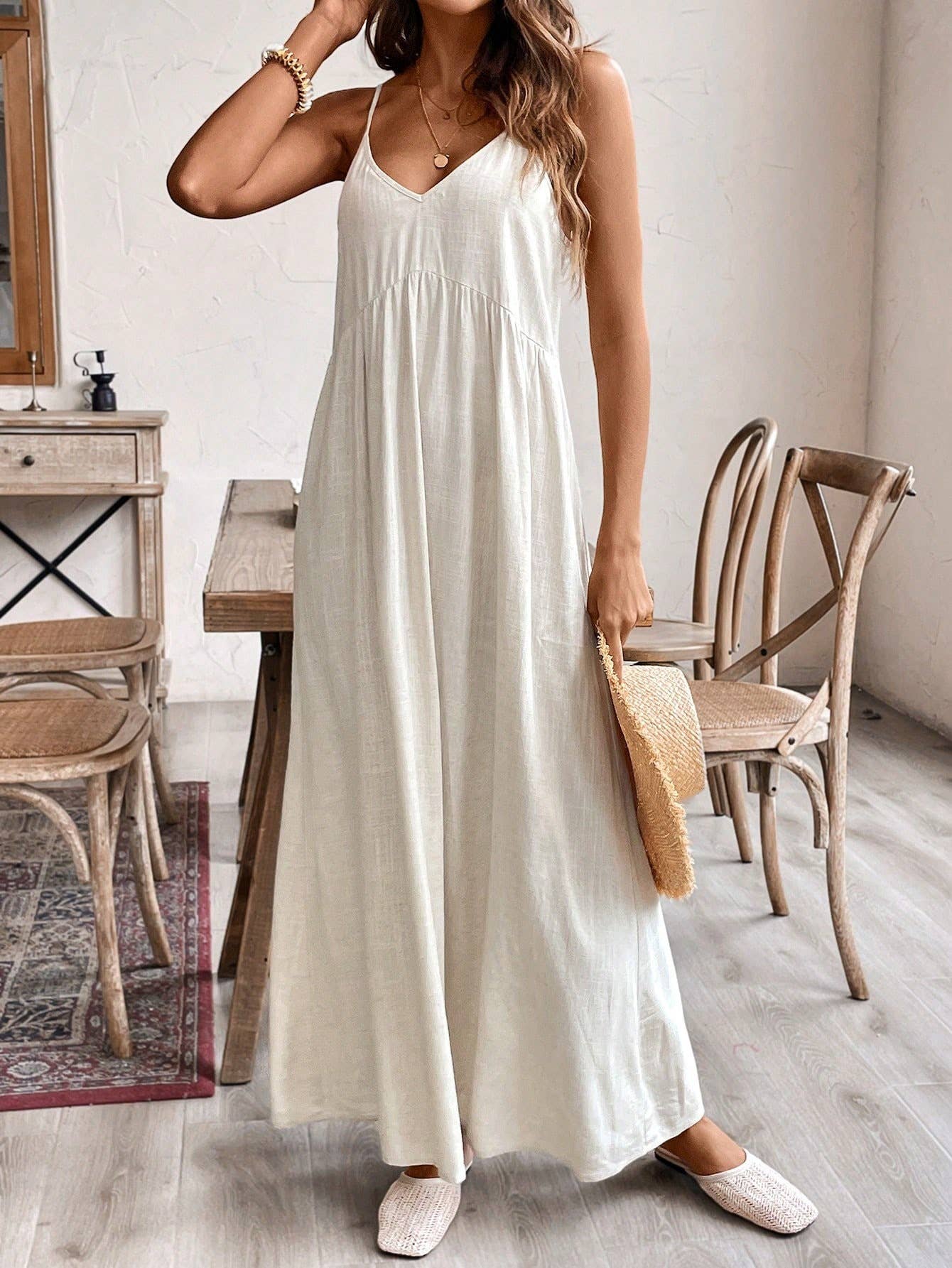 Halter loose solid color cotton linen dress