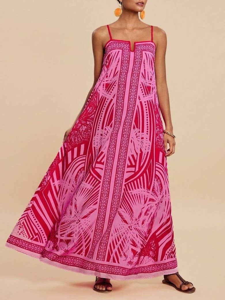 Tropical palm print swing maxi strappy dress - fuchsia