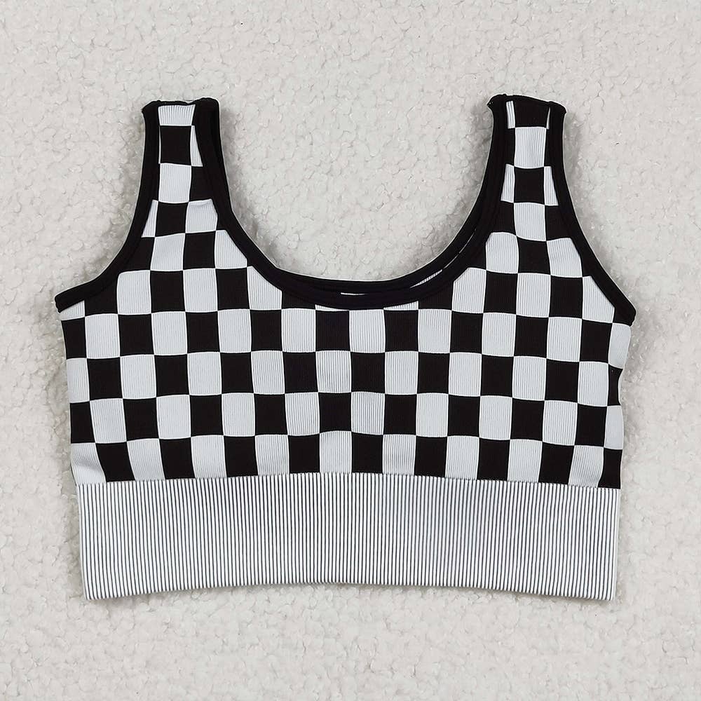 Adult Women Black Checkered Knitted Crop Bra Tops