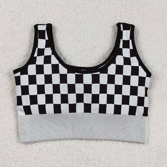 Adult Women Black Checkered Knitted Crop Bra Tops