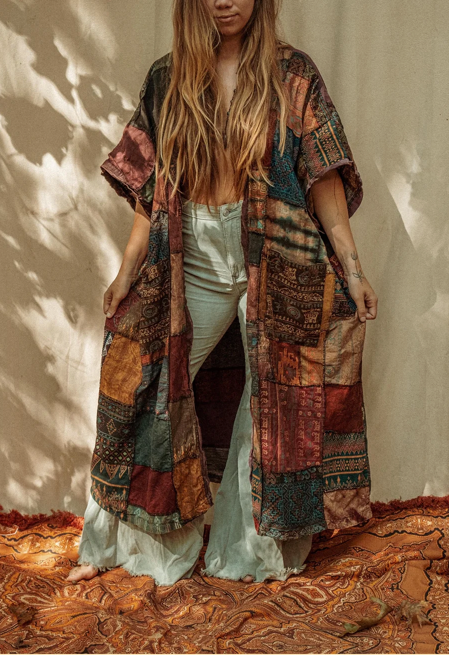 Earthy Hippie Boho Duster Patchwork Kimono, Unisex Smock