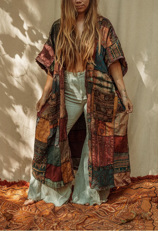 Earthy Hippie Boho Duster Patchwork Kimono, Unisex Smock