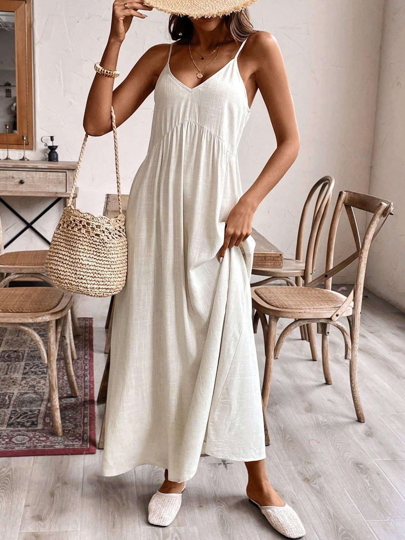 Halter loose solid color cotton linen dress