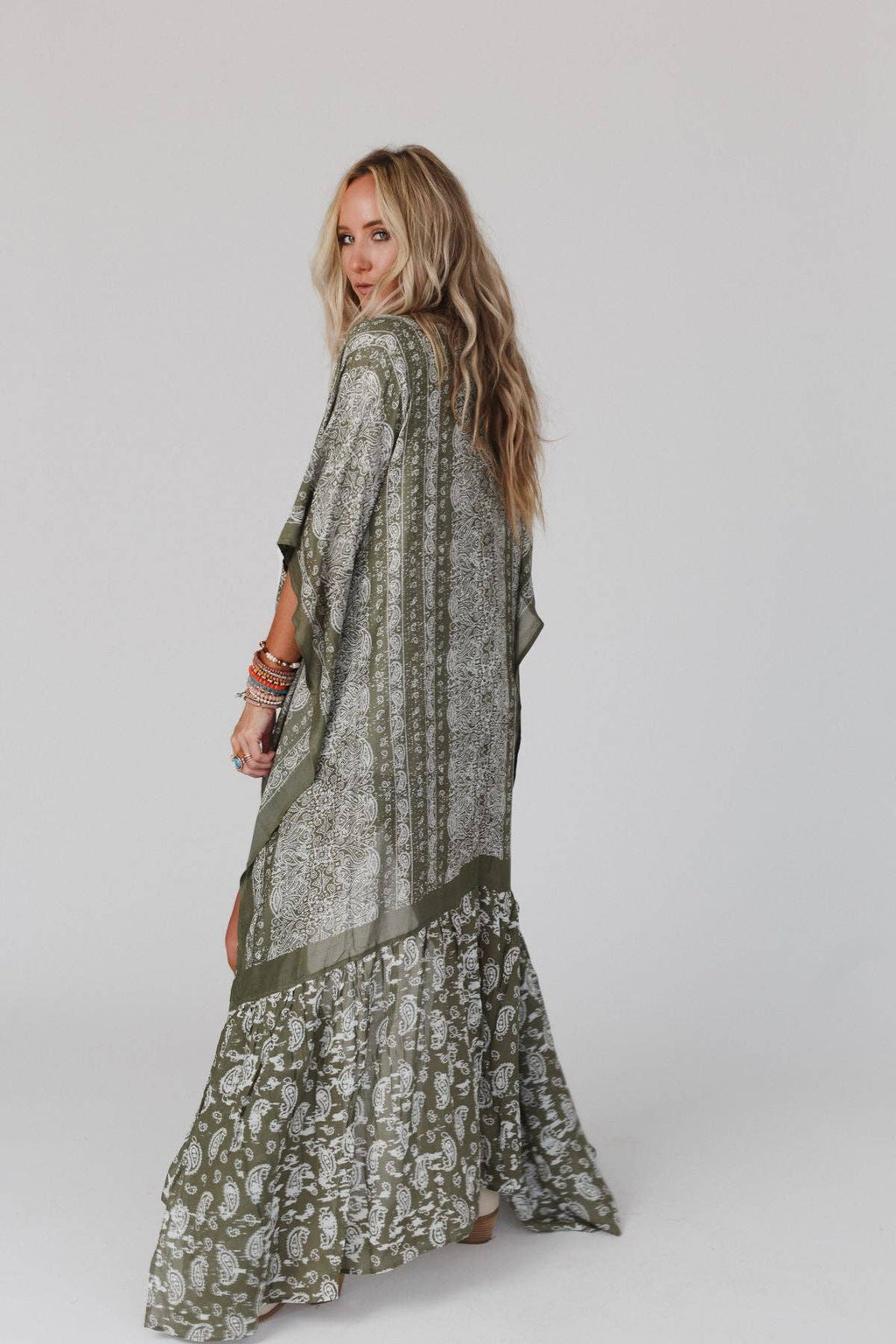 Paisley Tapestry Free Flow Duster Kimono - Olive 3BN