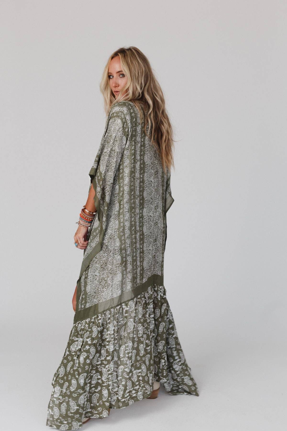 Paisley Tapestry Free Flow Duster Kimono - Olive 3BN