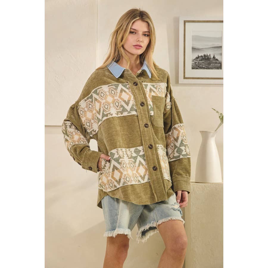 WASHED AZTEC PRINTED MIXED BUTTON DOWN SHACKET