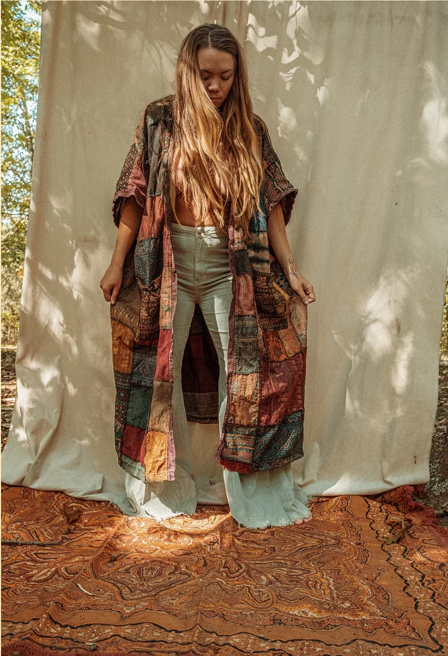 Earthy Hippie Boho Duster Patchwork Kimono, Unisex Smock