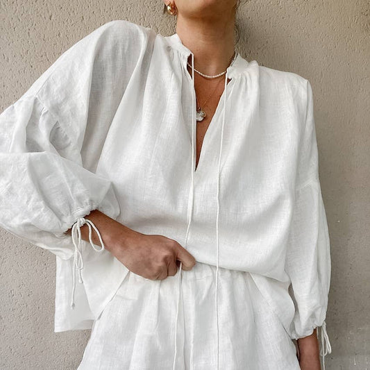 COTTON LINEN V-NECK LANTERN SLEEVE SHORTS SUIT 2PC