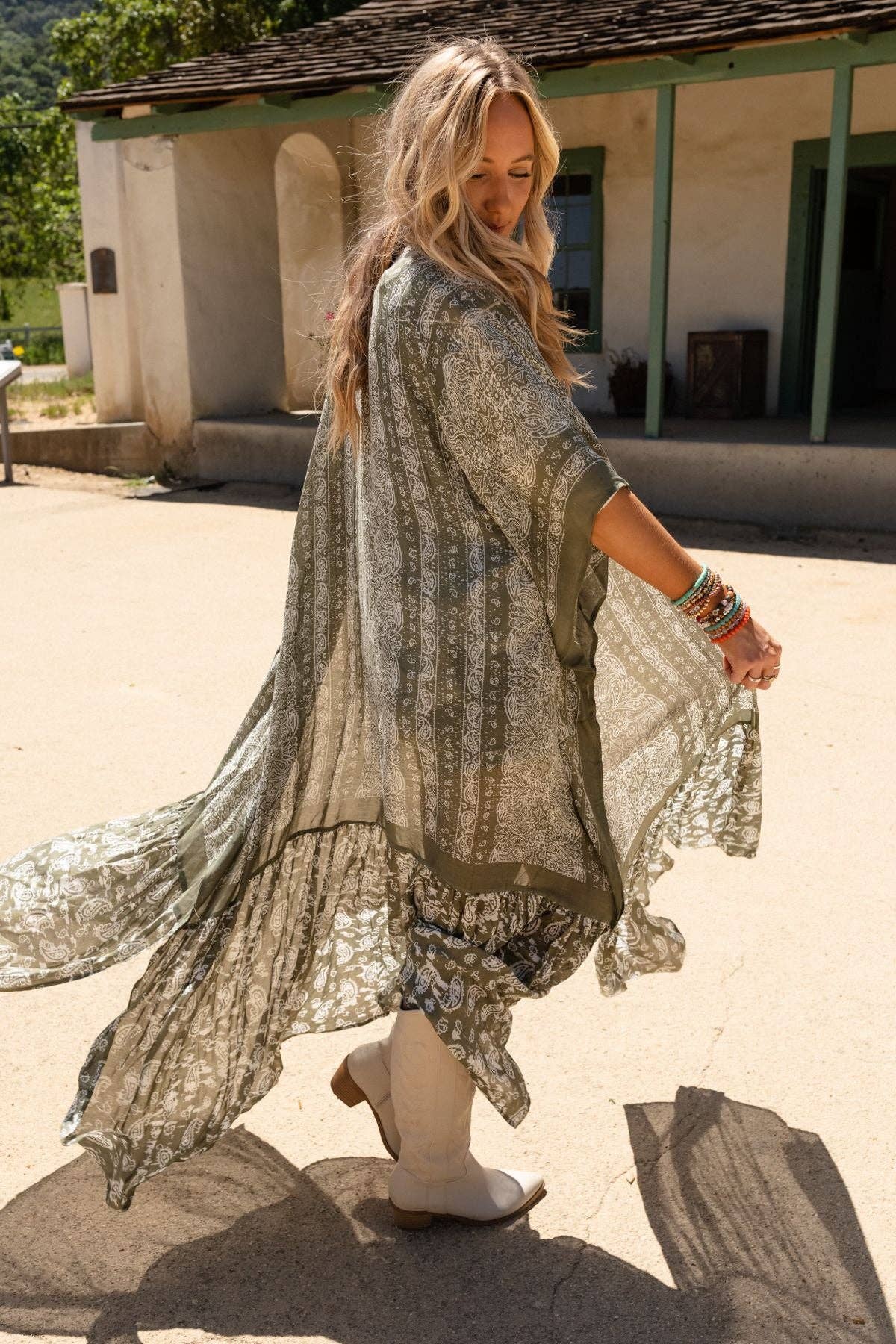 Paisley Tapestry Free Flow Duster Kimono - Olive 3BN