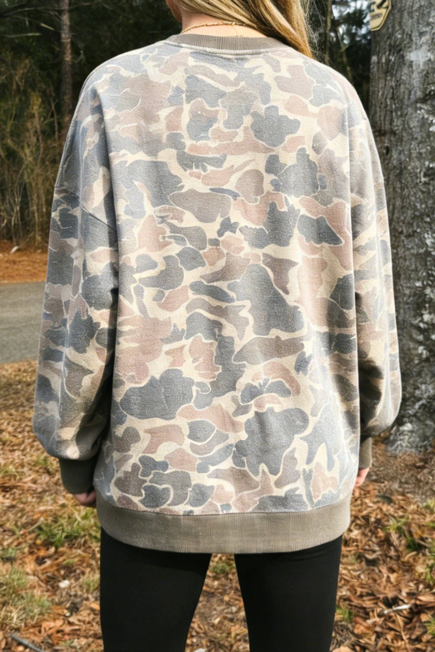 Camouflage Oversized Pullover Sweatshirt Rib Trim Top