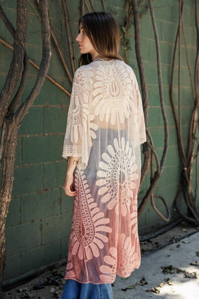 Lightweight Sheer Ombre Lace Floral Kimono