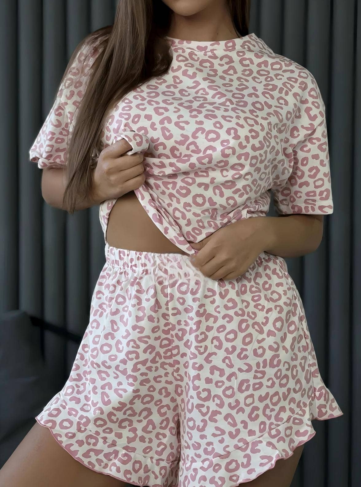 Leopard Print PJ Set Ruffle Trim Shorts Loungewear