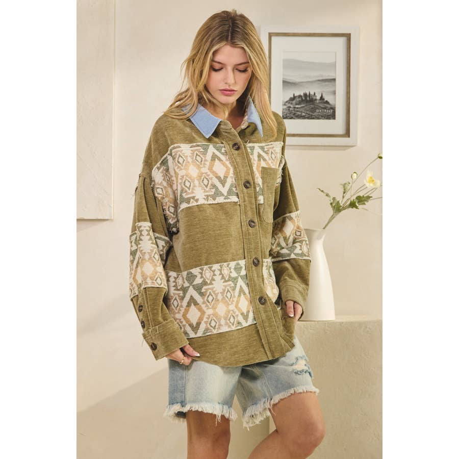 WASHED AZTEC PRINTED MIXED BUTTON DOWN SHACKET