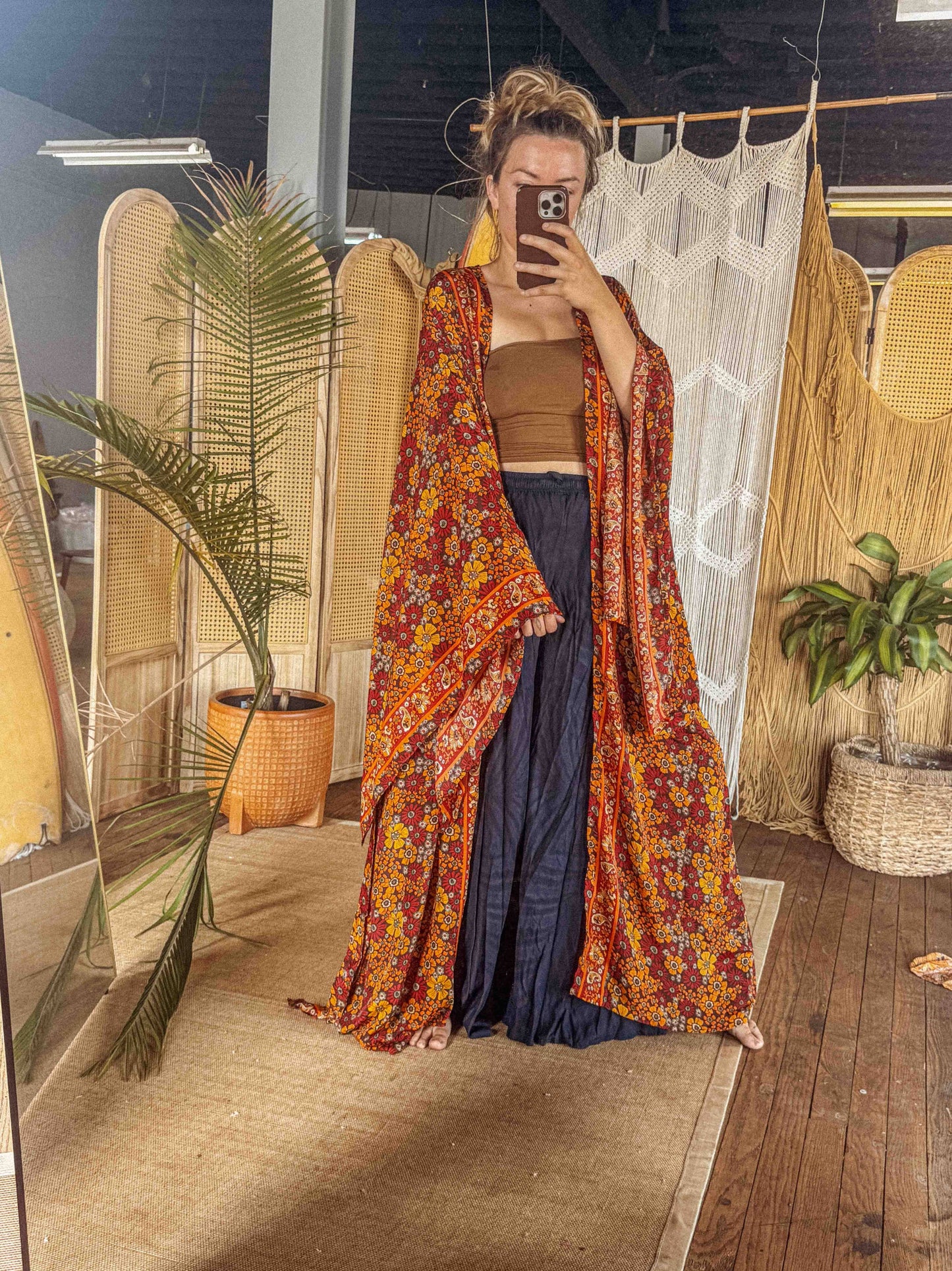 BOHO Silk Bell Sleeve Long Maxi Kimono Duster Cardigan - click to select color