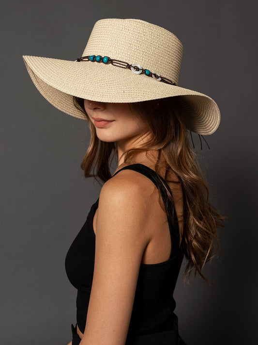 Wide Brim Boater Hat w/ Beaded Trim