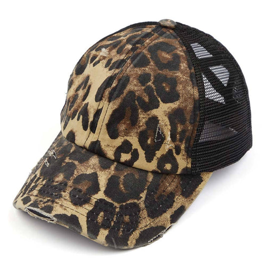 C.C Washed Denim with Crossed Elastic Band Mesh Pony Cap