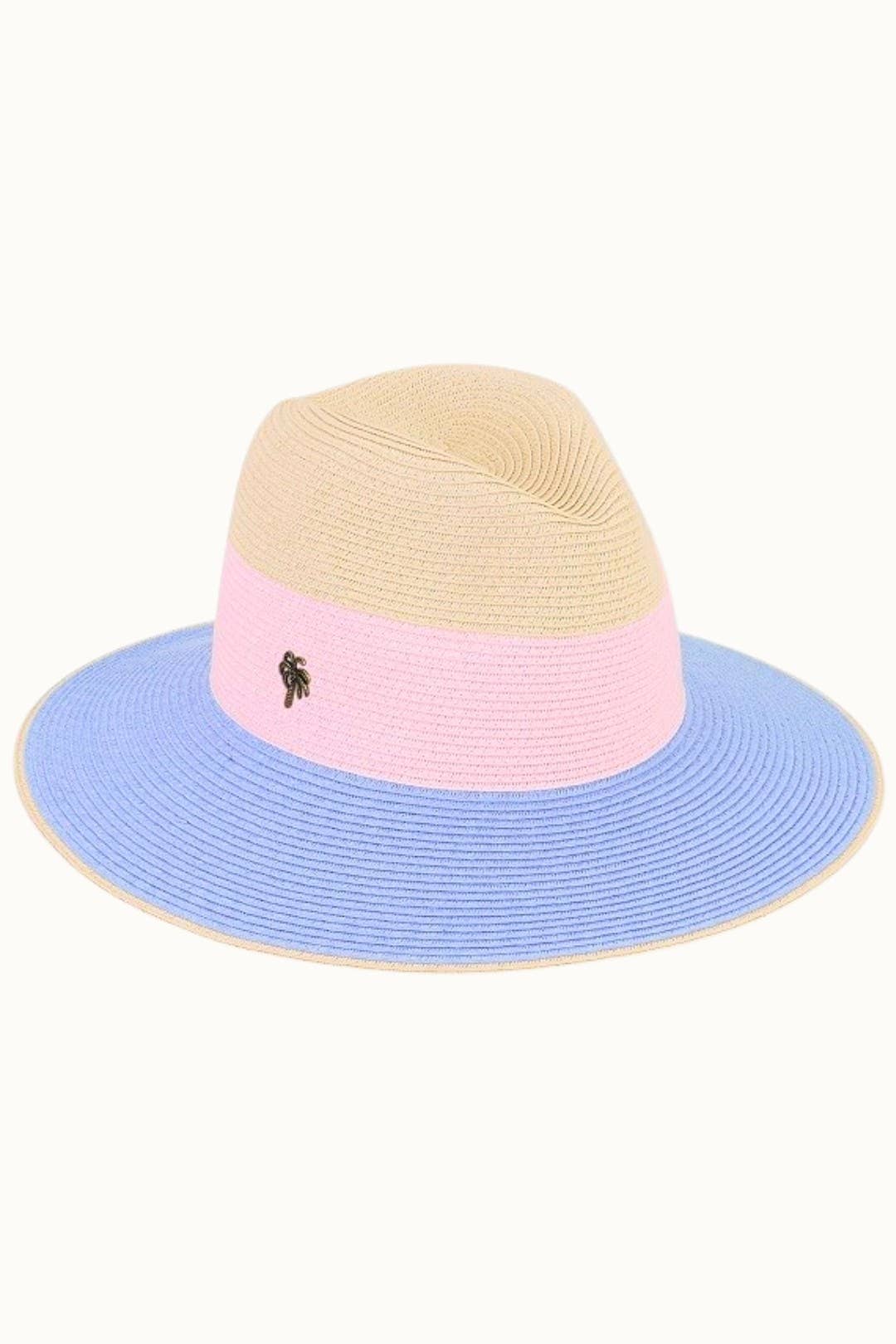 Wide Brim Straw Fedora with Color block Palm Deco