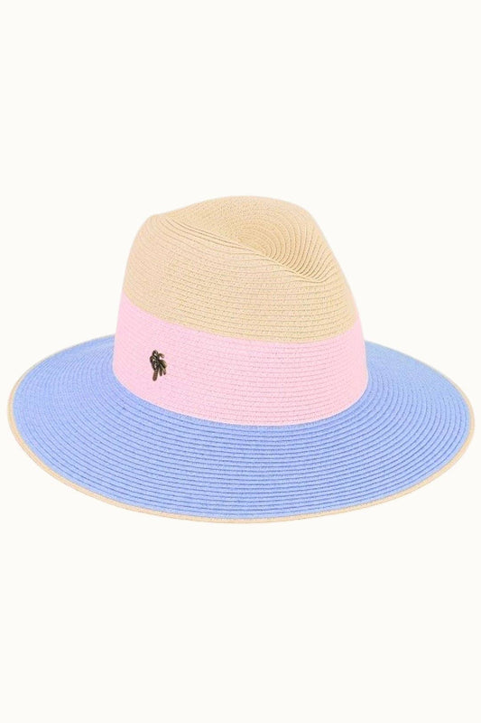 Wide Brim Straw Fedora with Color block Palm Deco