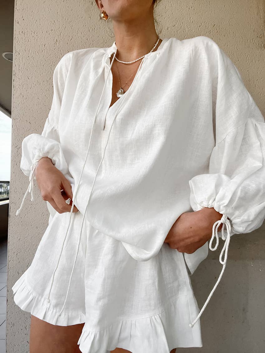 COTTON LINEN V-NECK LANTERN SLEEVE SHORTS SUIT 2PC