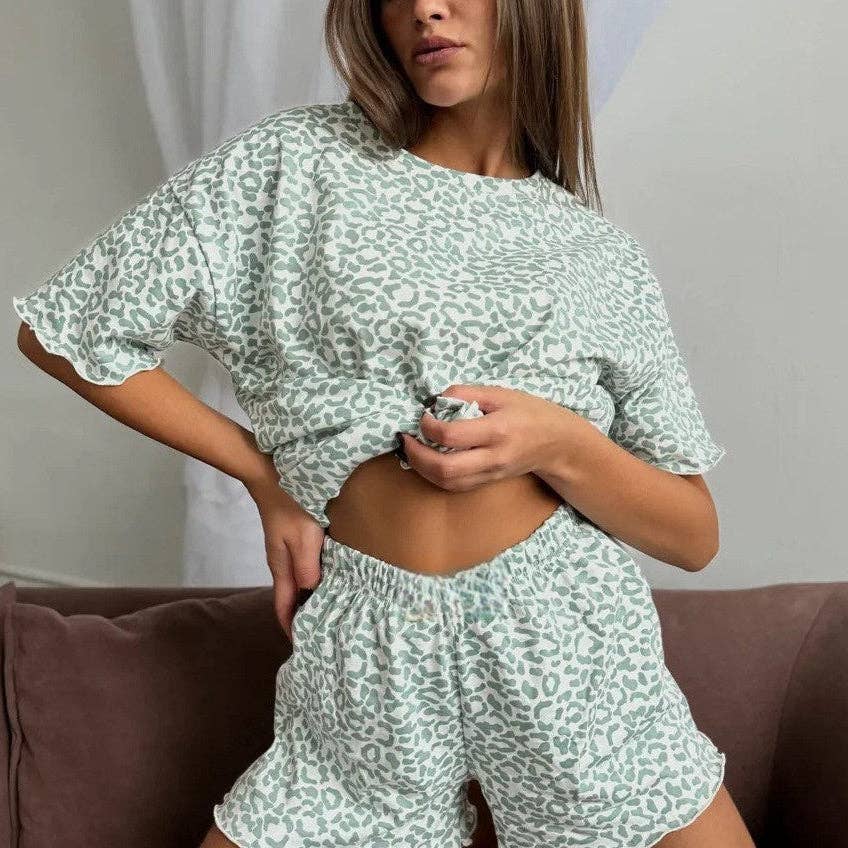 Leopard Print PJ Set Ruffle Trim Shorts Loungewear