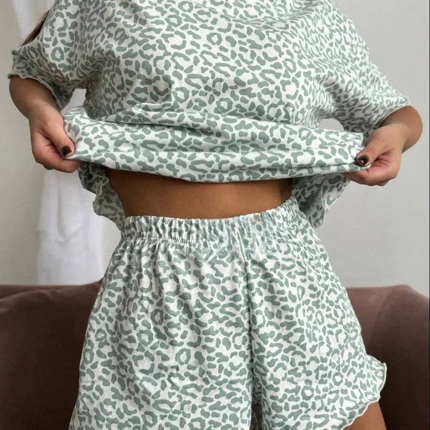 Leopard Print PJ Set Ruffle Trim Shorts Loungewear