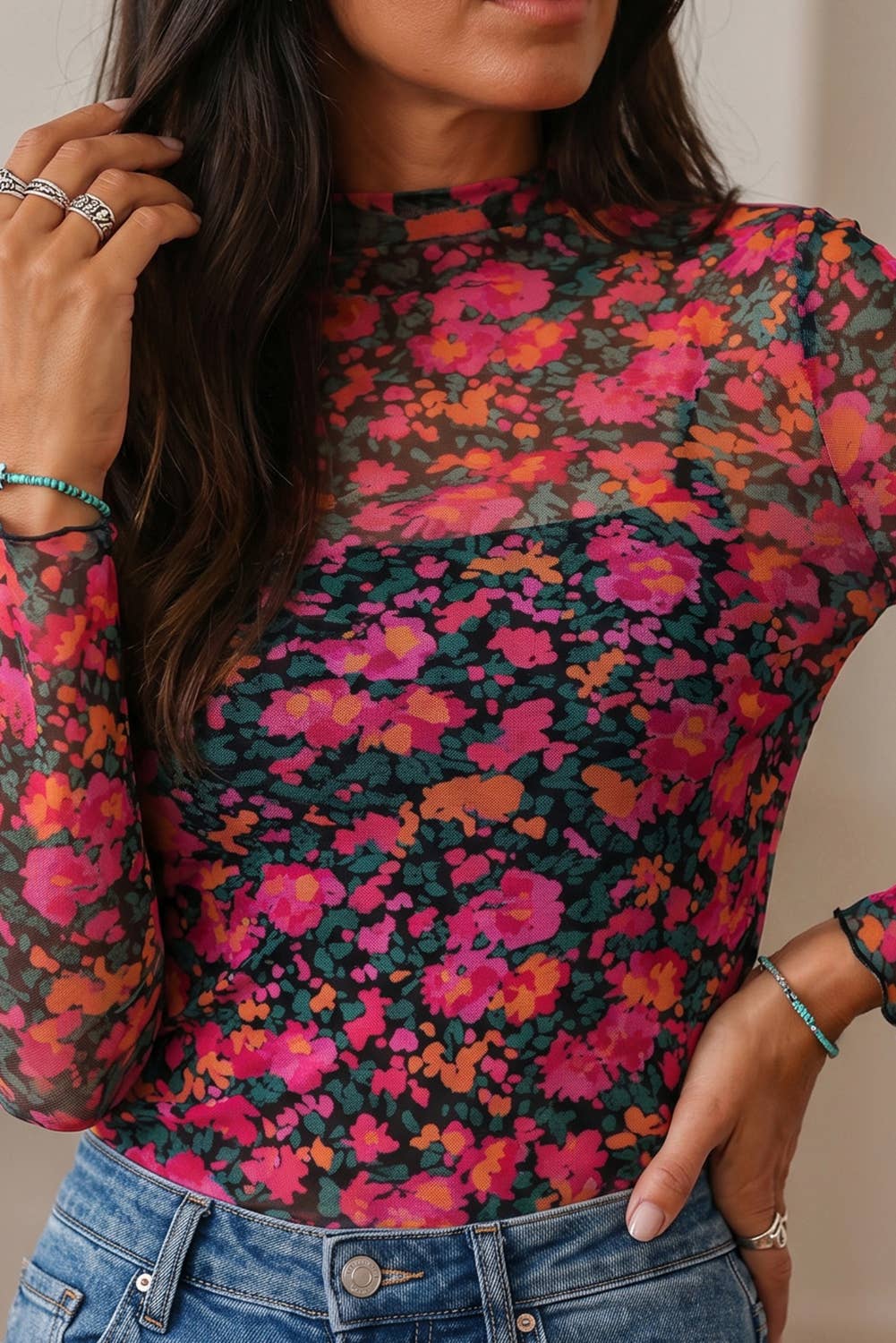Floral Mesh Long Sleeve Mock Neck Top (select print)