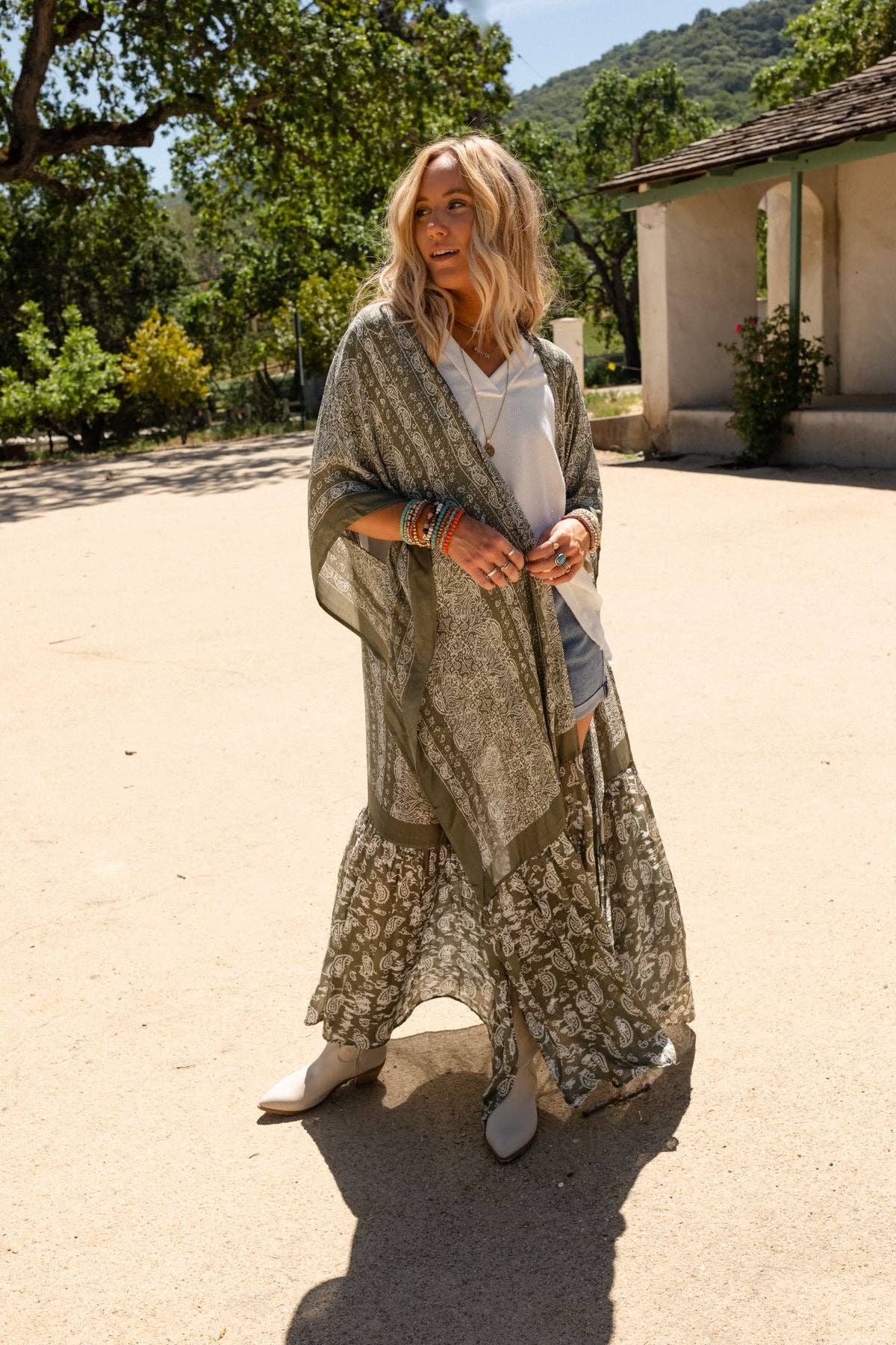 Paisley Tapestry Free Flow Duster Kimono - Olive 3BN