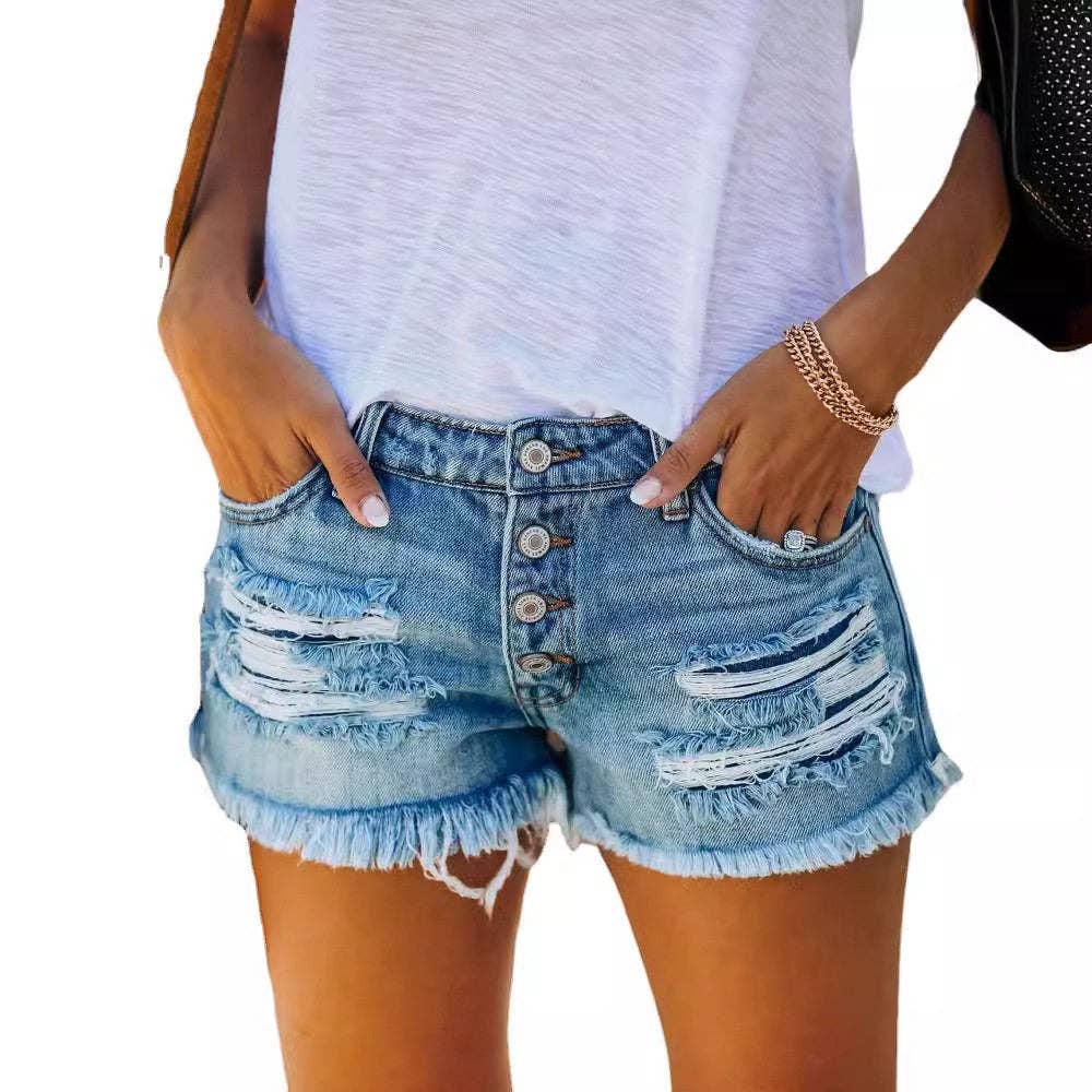 Women's Ripped Fringe Denim Button Fly Shorts