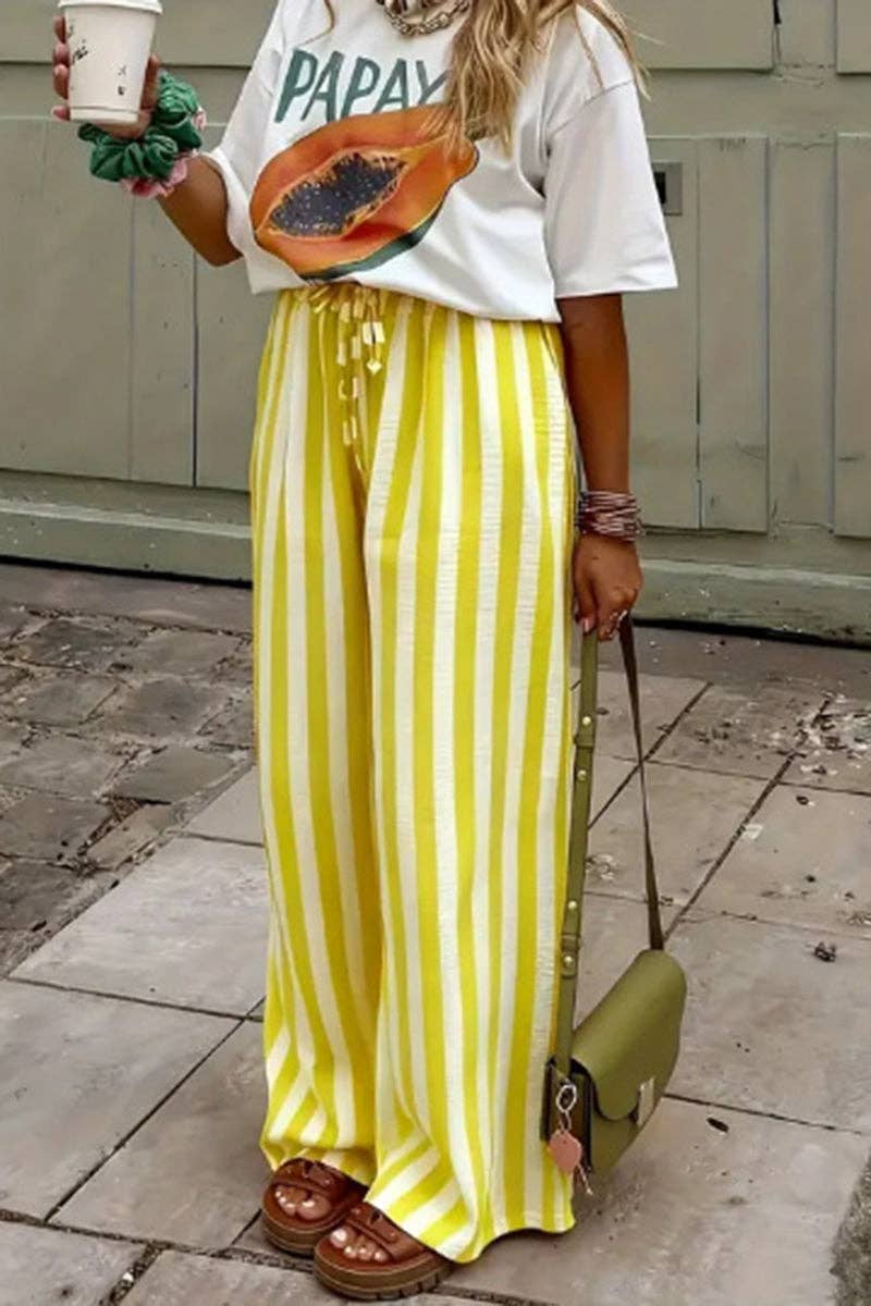 Black and White Striped Wide-Leg Casual Pants