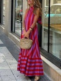 Halterneck Backless Striped Print Maxi Dress