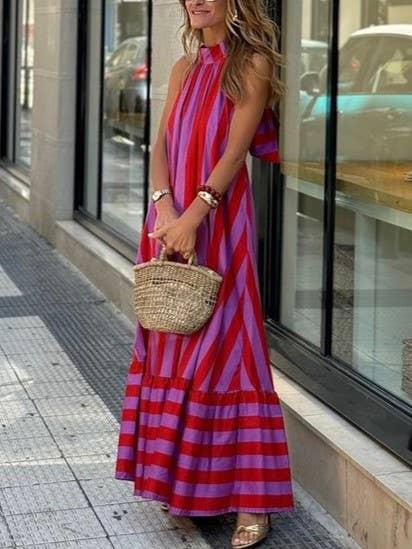 Halterneck Backless Striped Print Maxi Dress