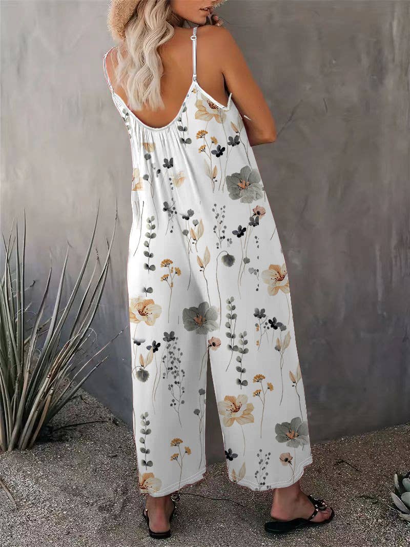 Casual Sleeveless Floral Print Jumpsuit- select color