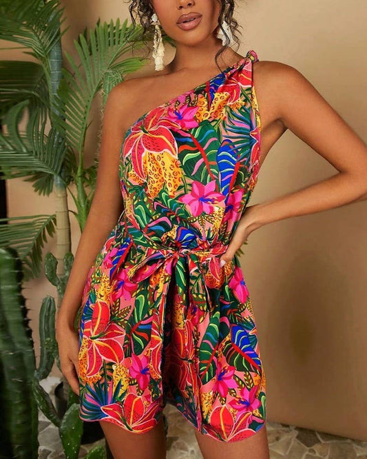 Vivid Tropical Print One Shoulder Belted Romper