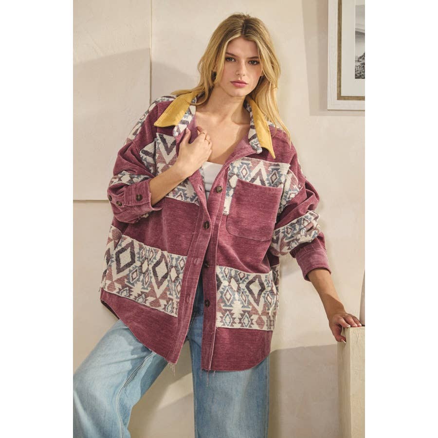 WASHED AZTEC PRINTED MIXED BUTTON DOWN SHACKET