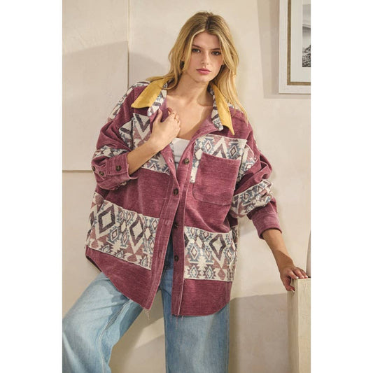WASHED AZTEC PRINTED MIXED BUTTON DOWN SHACKET