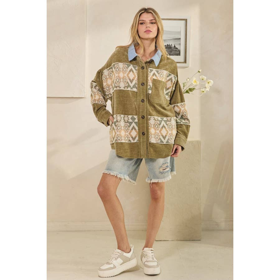 WASHED AZTEC PRINTED MIXED BUTTON DOWN SHACKET