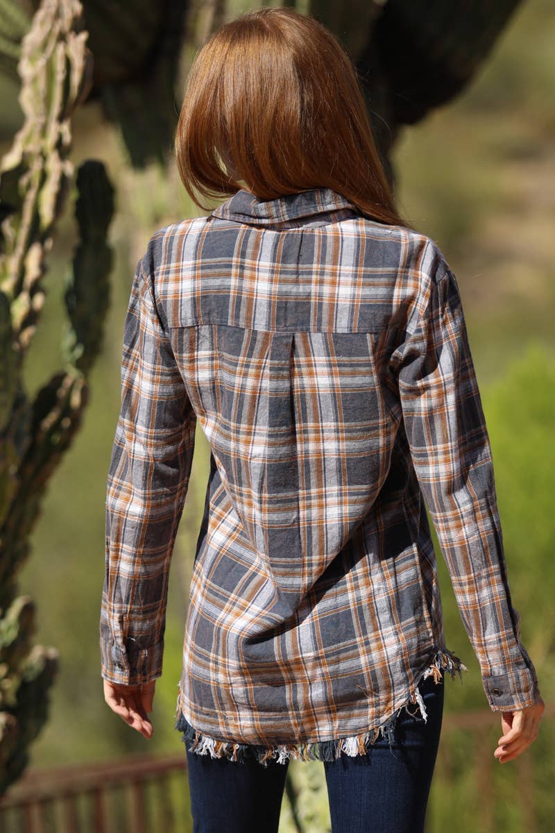 PLAID FRAYED HEM BUTTON shirt
