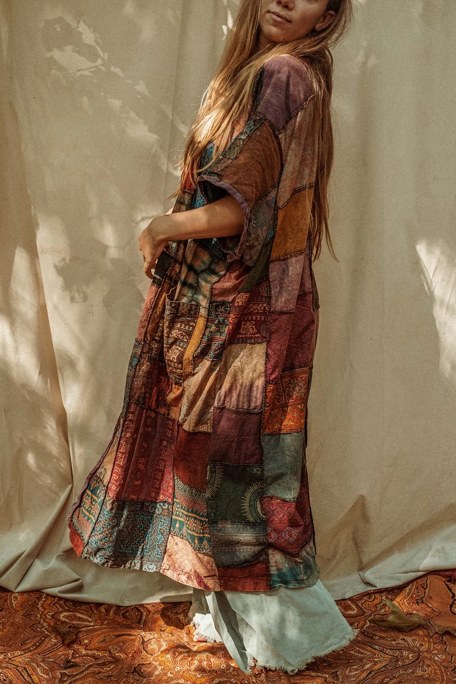 Earthy Hippie Boho Duster Patchwork Kimono, Unisex Smock