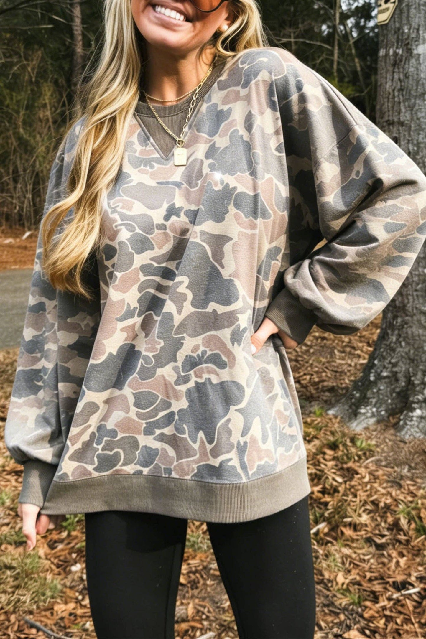 Camouflage Oversized Pullover Sweatshirt Rib Trim Top