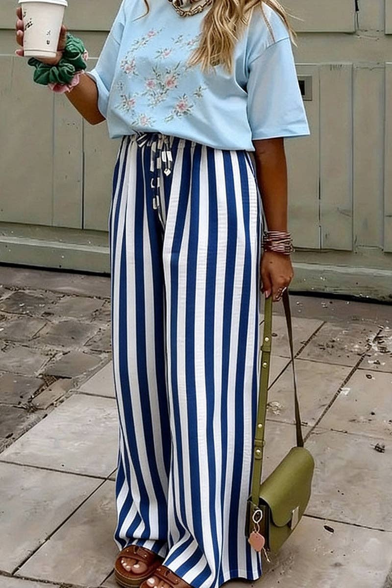 Black and White Striped Wide-Leg Casual Pants