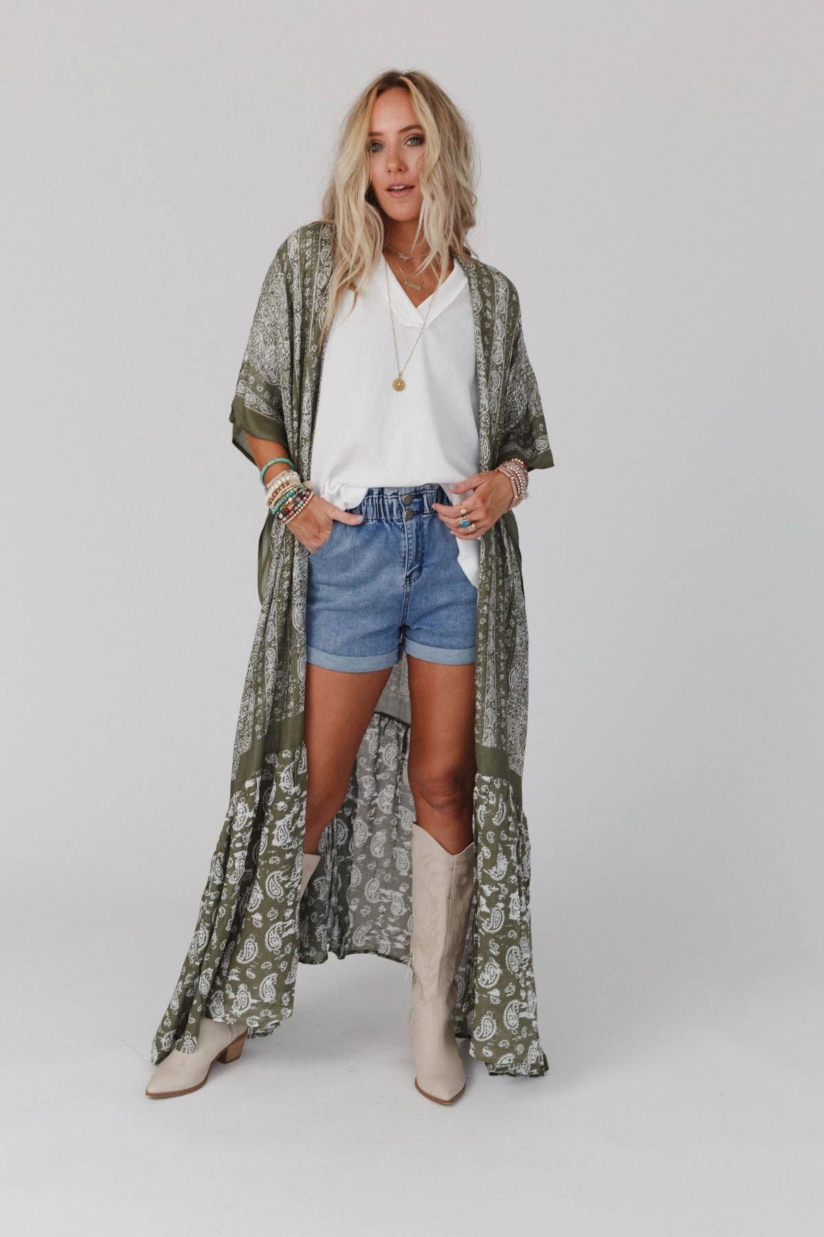 Paisley Tapestry Free Flow Duster Kimono - Olive 3BN