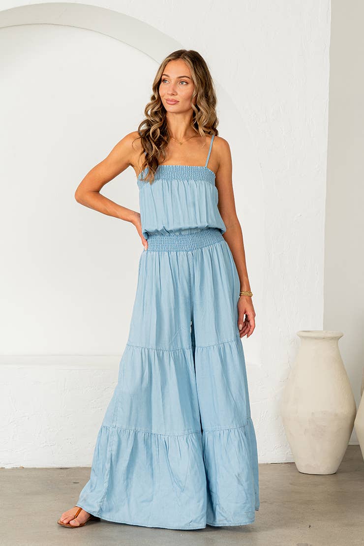 Relaxed Fit denim Smocked Tiered Wide Leg Jumpsuit