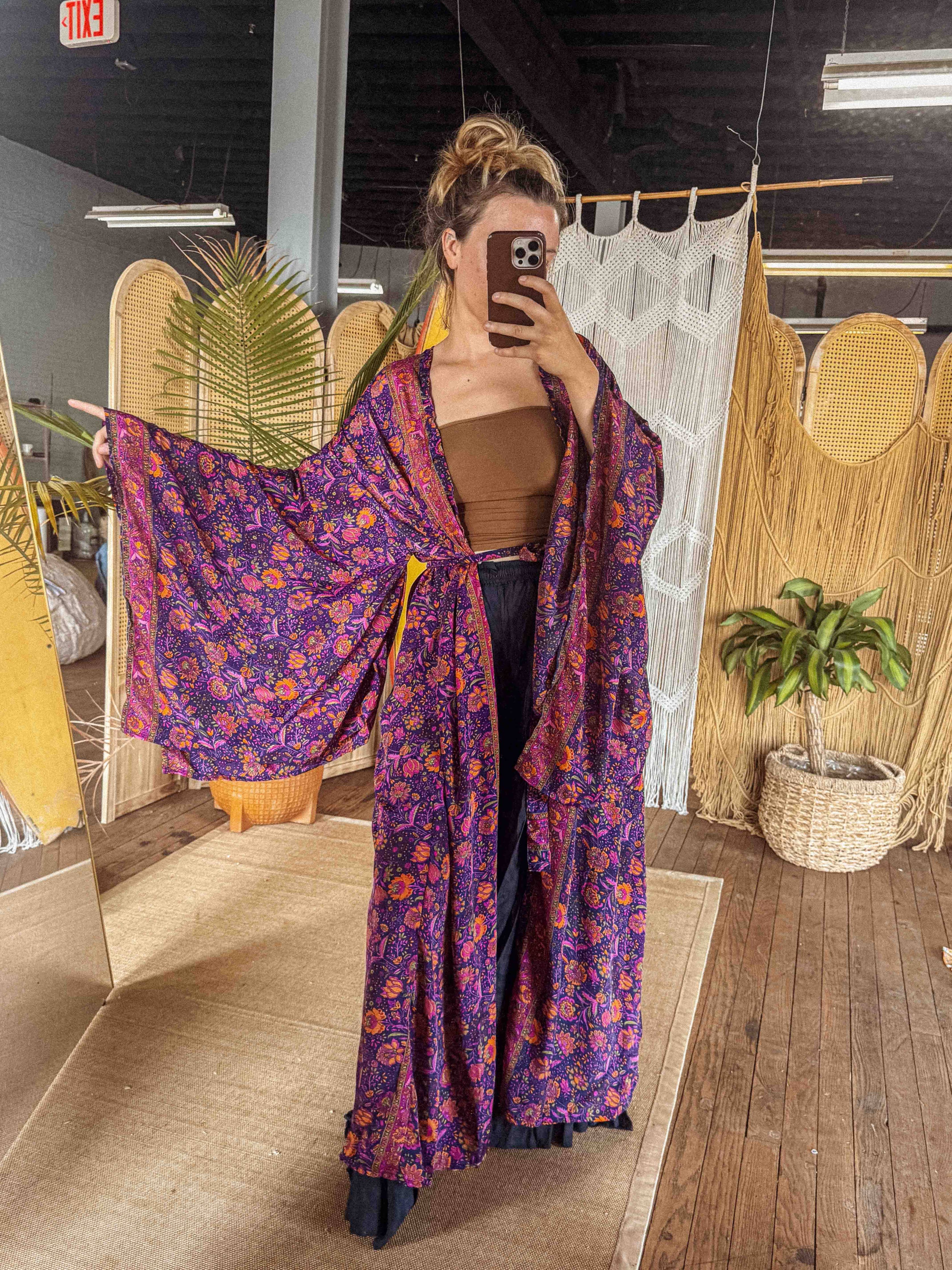 BOHO Silk Bell Sleeve Long Maxi Kimono Duster Cardigan - click to select color