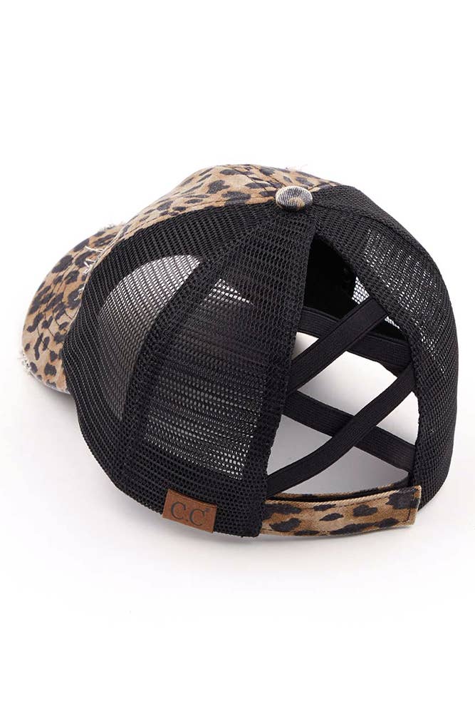 C.C Washed Denim with Crossed Elastic Band Mesh Pony Cap