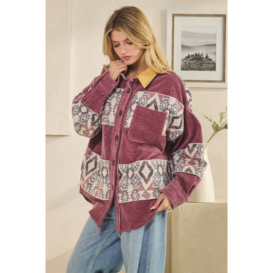 WASHED AZTEC PRINTED MIXED BUTTON DOWN SHACKET