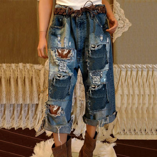 Ripped tassel wide-leg vintage loose ripped jeans